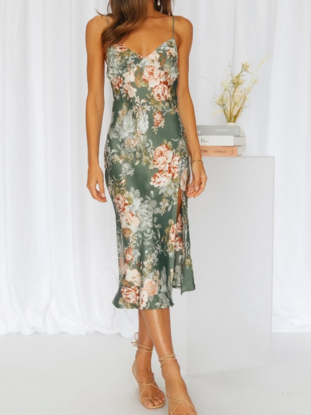 Hello Molly Olive Green Floral Midi Slip Dress
